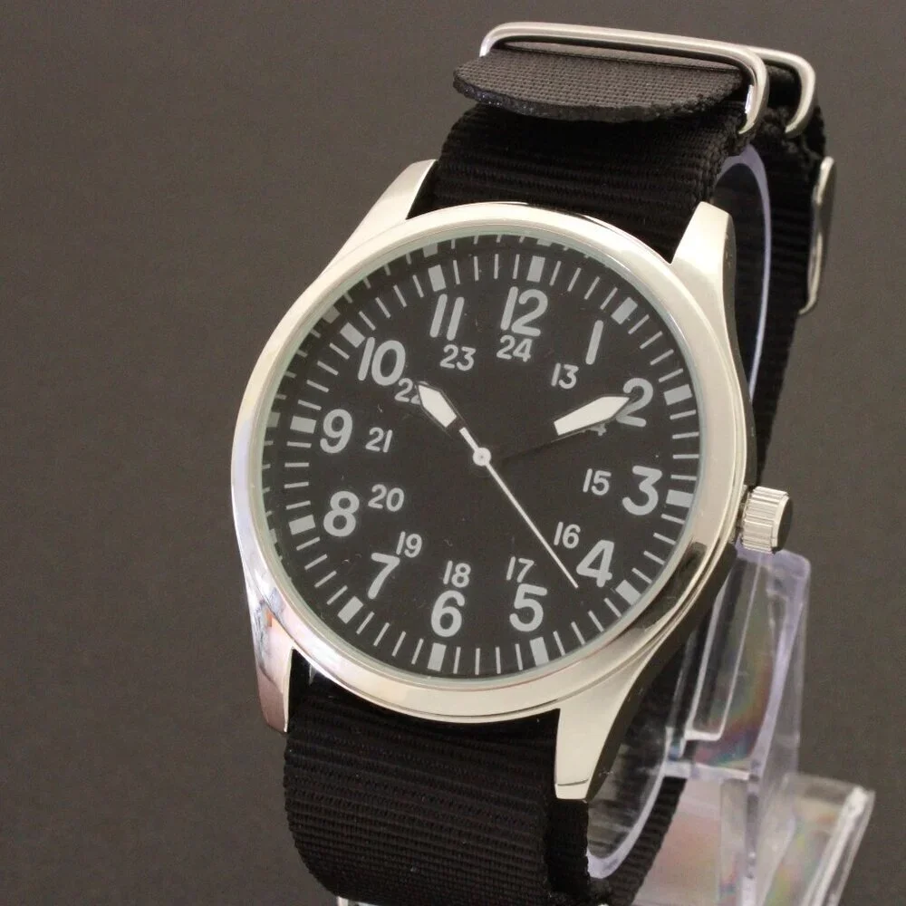 Men's Quartz Field Watch Silver Tone Case Black Military Strap 42mm